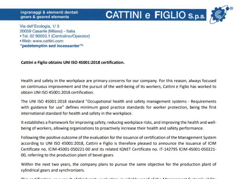 Cattini e Figlio obtains UNI ISO 45001:2018 certification