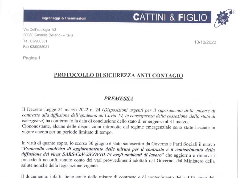 Protocollo di sicurezza anti contagio